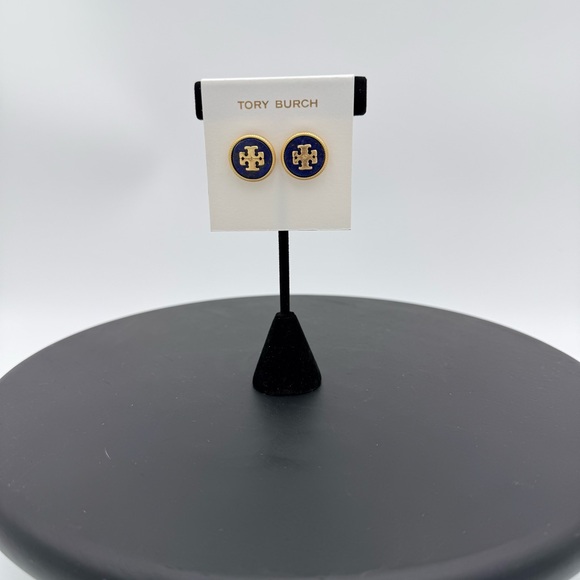 Tory Burch Gold and Navy Kira Logo Stud Earrings 18k gold plated - Picture 2 of 3